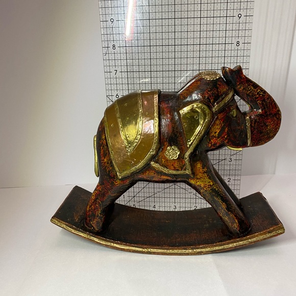 VTG HANDCARVED WOODEN BRASS&COPPER INLAY ELEPHANT - Picture 4 of 7